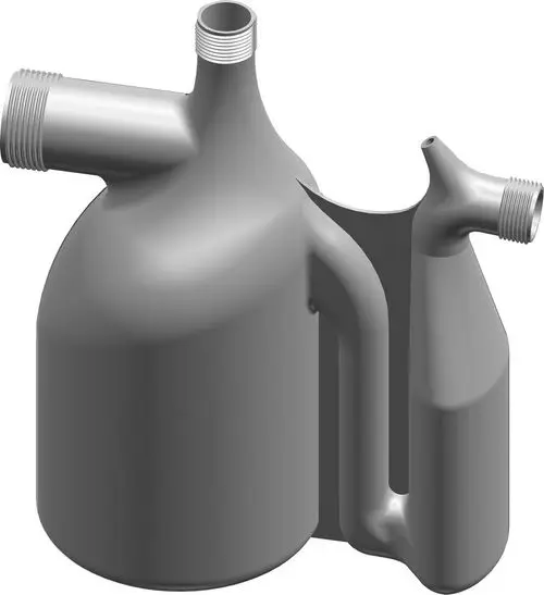 Siphon von Bosch mit zwei Anschlussöffnungen, einer unteren Abflussöffnung und einer seitlichen Auslässen. Das Design zeigt eine kompakte Form zur Nutzung in Sanitärsystemen.